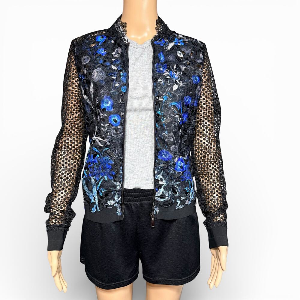 Elie Tahari Womens Brandy Floral Lace Bomber Jacket Sheer Black Blue XS - Picture 3 of 13